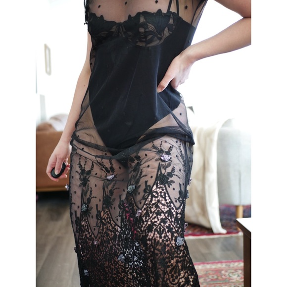 Sheer Black Slip Dress Vintage Swiss Dot Lace Applique Beaded Detailing Unlined - Picture 2 of 12